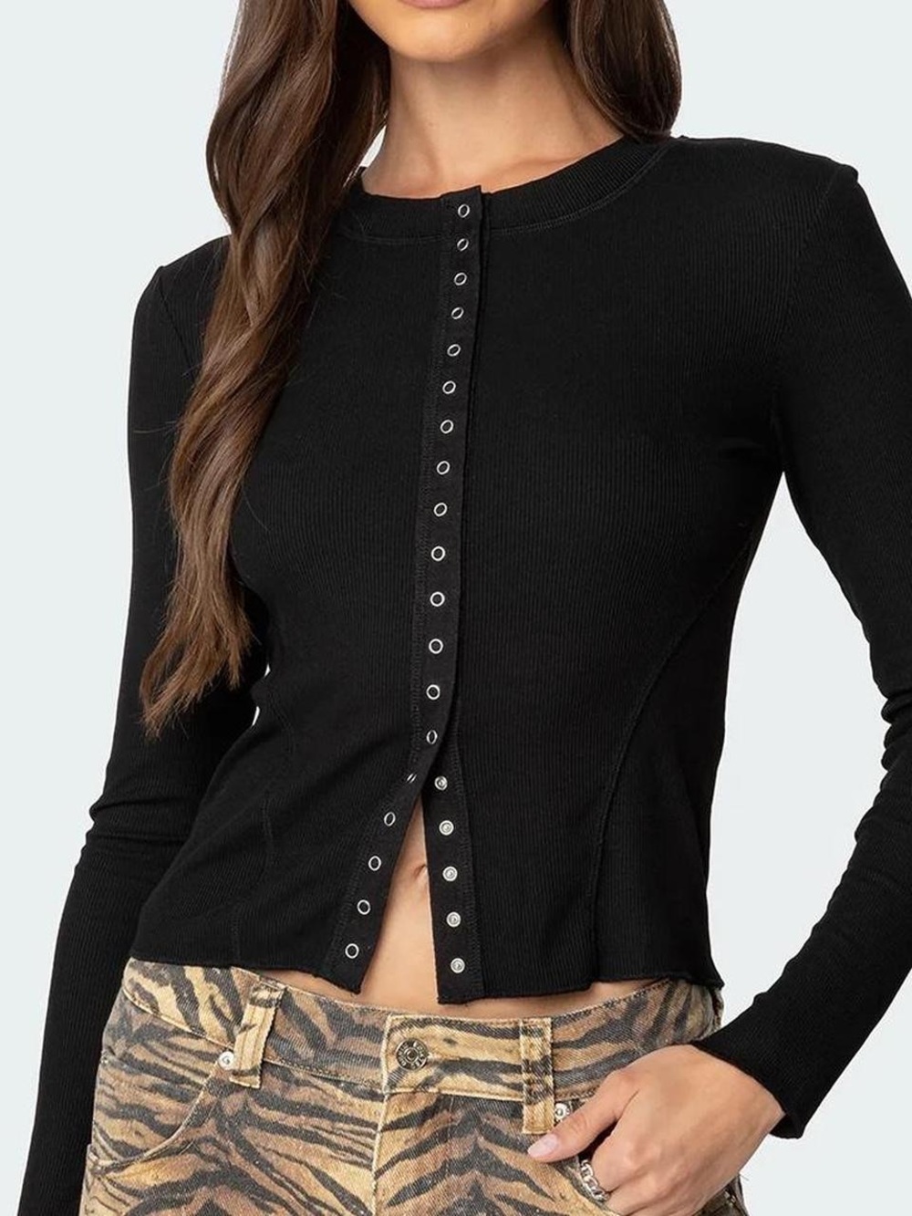 Edikted Black Ribbed Snap-Front Long Sleeve Tee